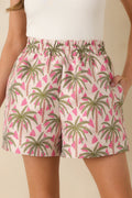 Women's Palm Springs Picnic Pink Multi Jacquard Palm Tree High Waist Shorts | 100% Polyester 0