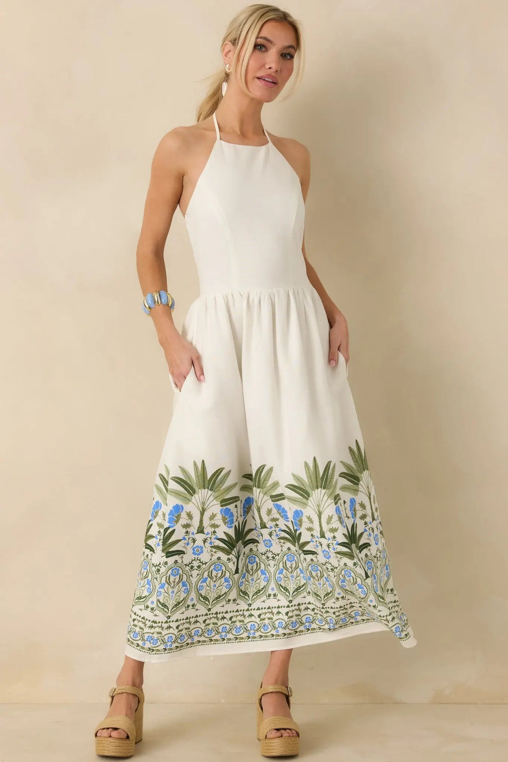 Women's Palm Villa Ivory Multi Floral & Palm Halter Midi Dress | 75% Rayon & 25% Linen 0