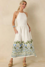 Women's Palm Villa Ivory Multi Floral & Palm Halter Midi Dress | 75% Rayon & 25% Linen 0
