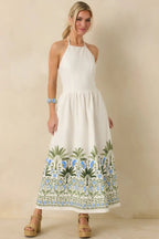 Women's Palm Villa Ivory Multi Floral & Palm Halter Midi Dress | 75% Rayon & 25% Linen 2