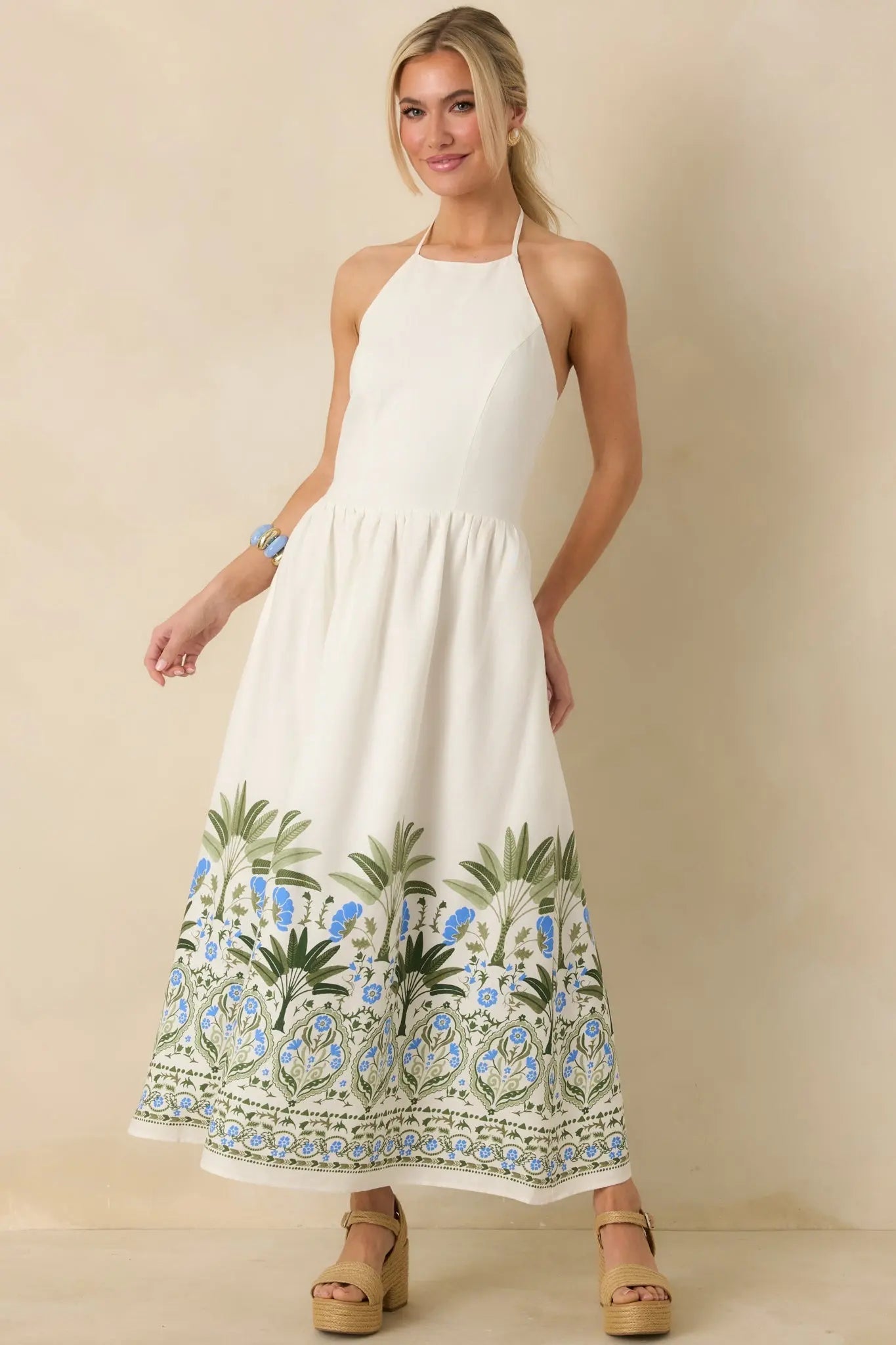Women's Palm Villa Ivory Multi Floral & Palm Halter Midi Dress | 75% Rayon & 25% Linen 3