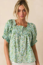 Women's Paradisa Clearwater Seaglass Green Cotton Puff Sleeve Blouse | 100% Cotton 0