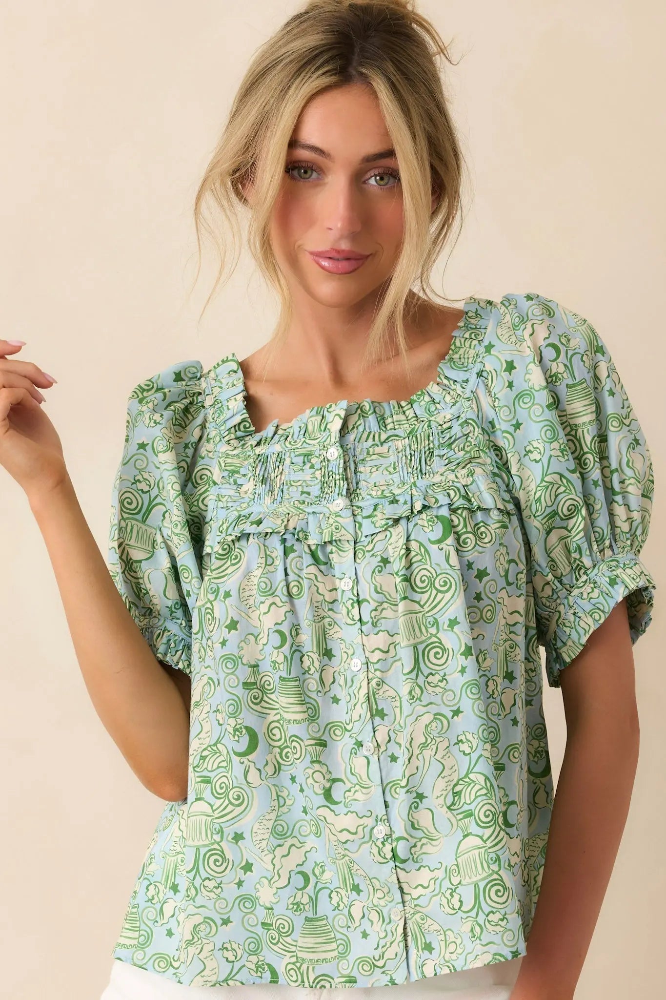 Women's Paradisa Clearwater Seaglass Green Cotton Puff Sleeve Blouse | 100% Cotton 2