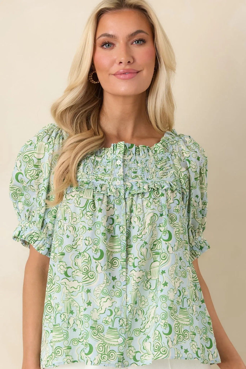 Women's Paradisa Clearwater Seaglass Green Cotton Puff Sleeve Blouse | 100% Cotton 4