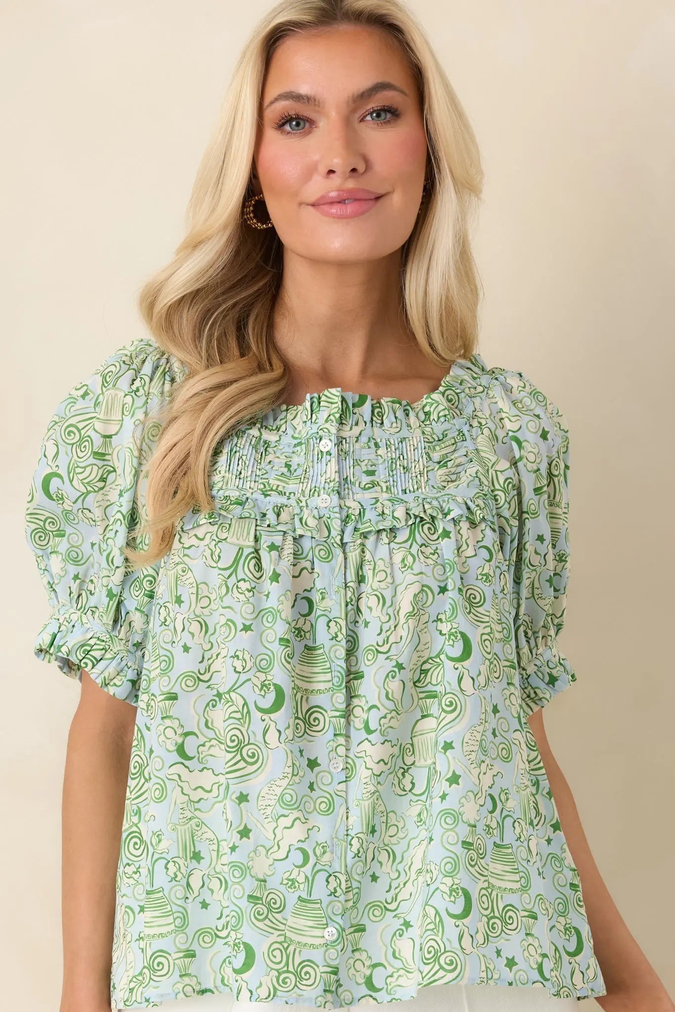 Women's Paradisa Clearwater Seaglass Green Cotton Puff Sleeve Blouse | 100% Cotton 4