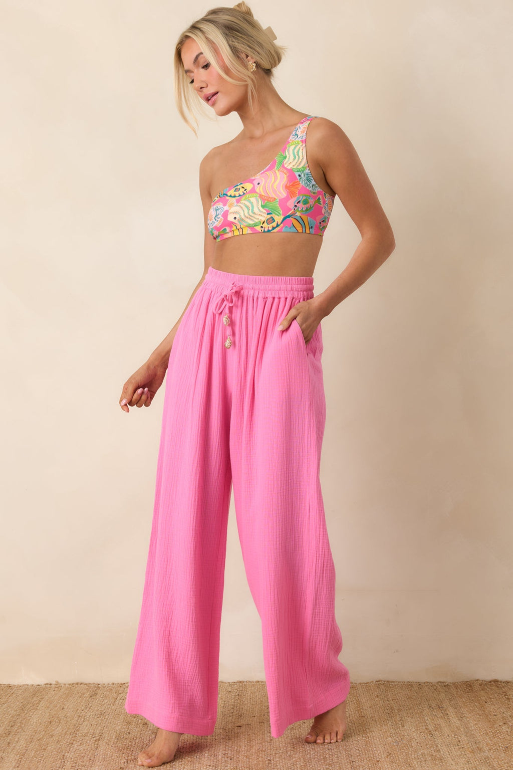 Women's Paradisa Dunedin Pink Cotton Wide Leg Drawstring Pants | 100% Cotton 2