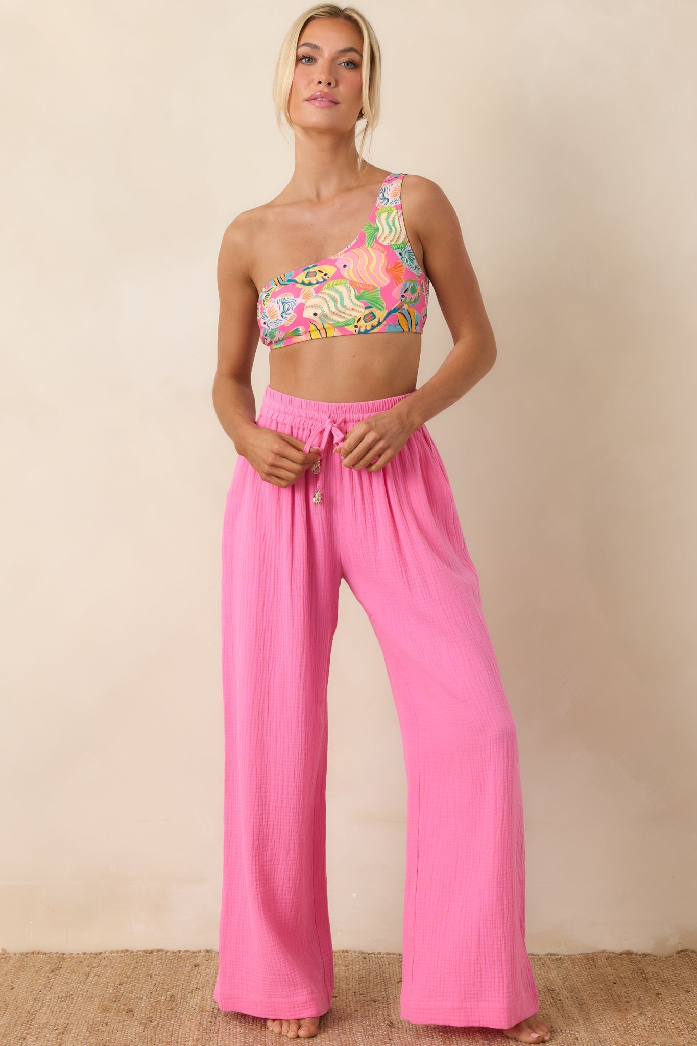 Women's Paradisa Dunedin Pink Cotton Wide Leg Drawstring Pants | 100% Cotton 4