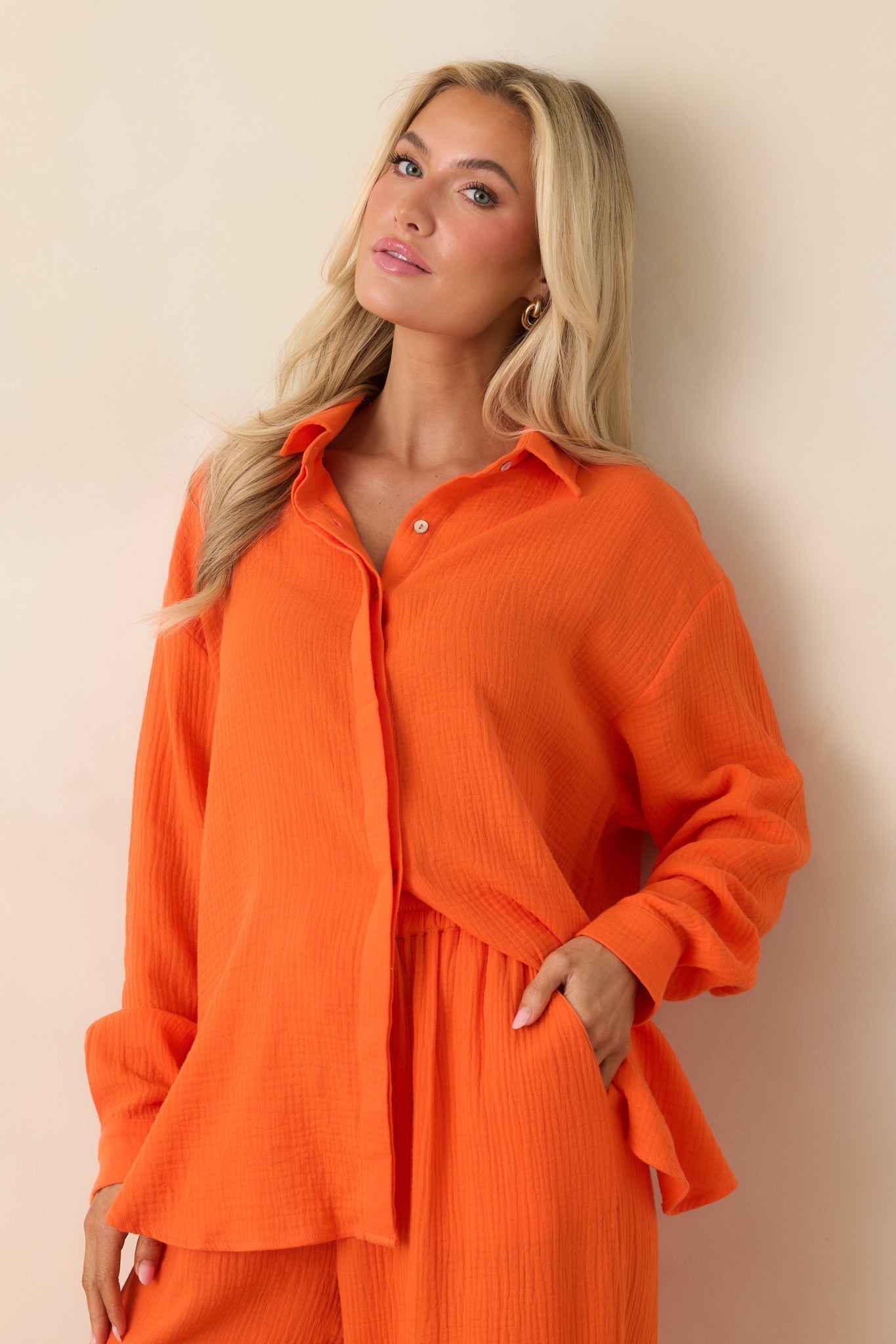 Women's Paradisa Naples Orange Cotton Button-Up Top | 100% Cotton 4