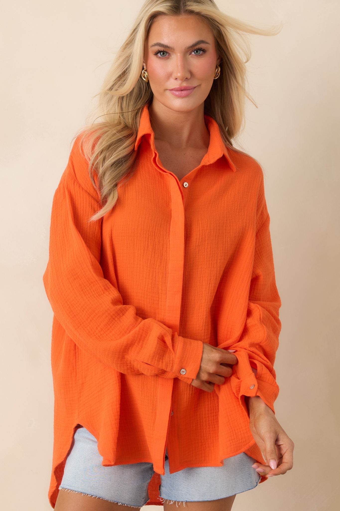 Women's Paradisa Naples Orange Cotton Button-Up Top | 100% Cotton 7
