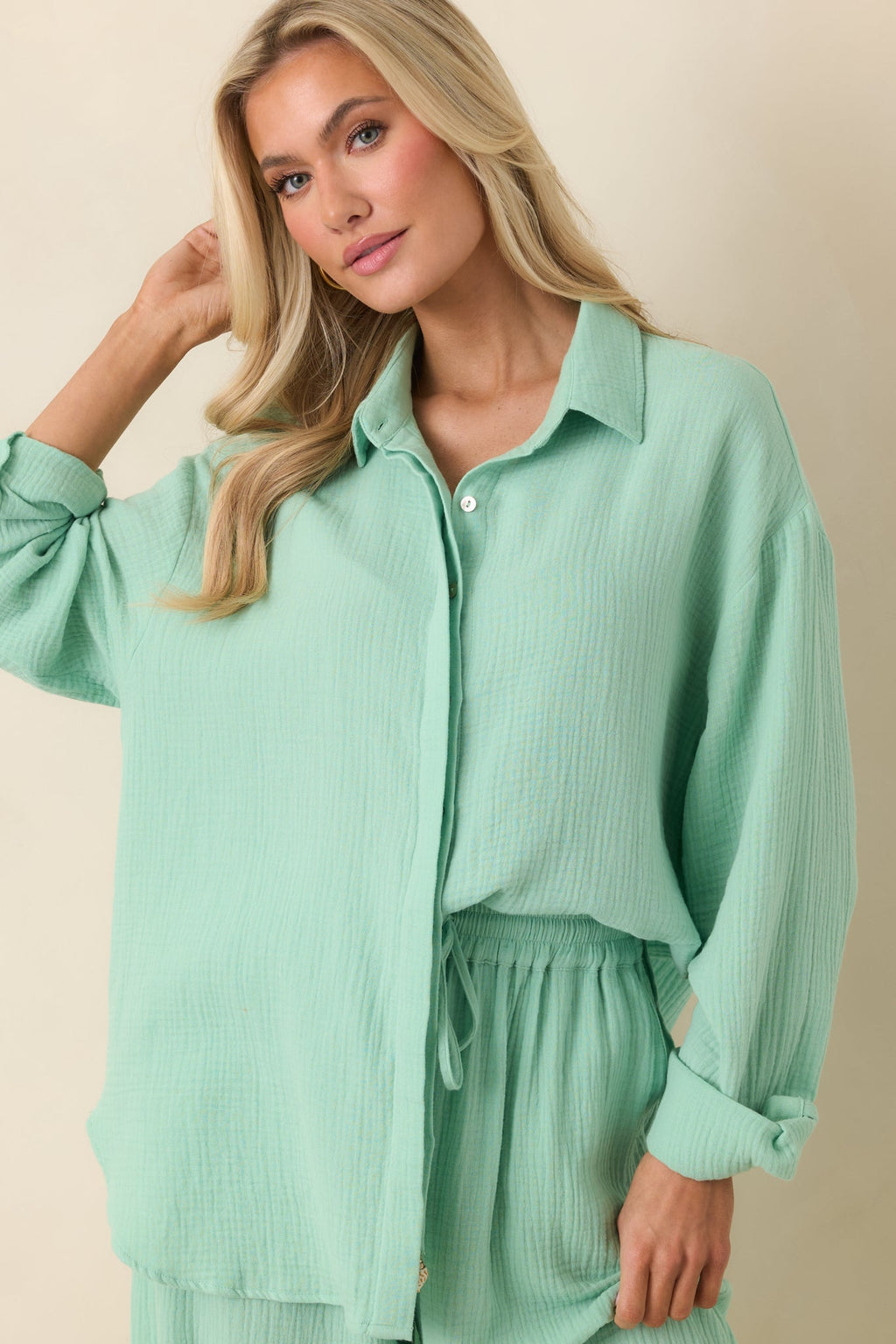 Women's Paradisa Naples Seaglass Green Cotton Button-Up Top | 100% Cotton 6