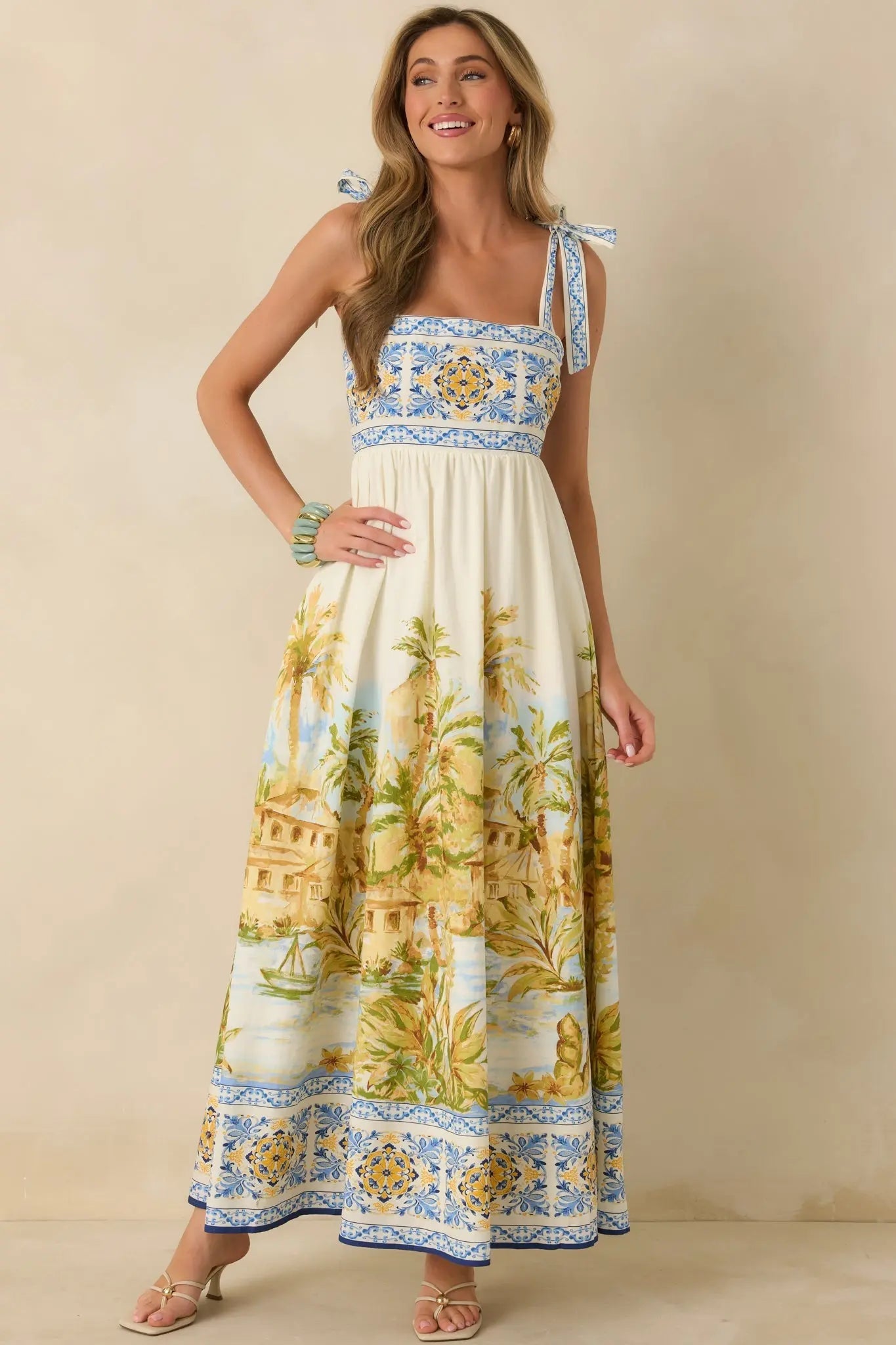 Women's Paradise in Sunlight Ivory Multi Tie-Strap Cotton Maxi Dress | 100% Cotton 3