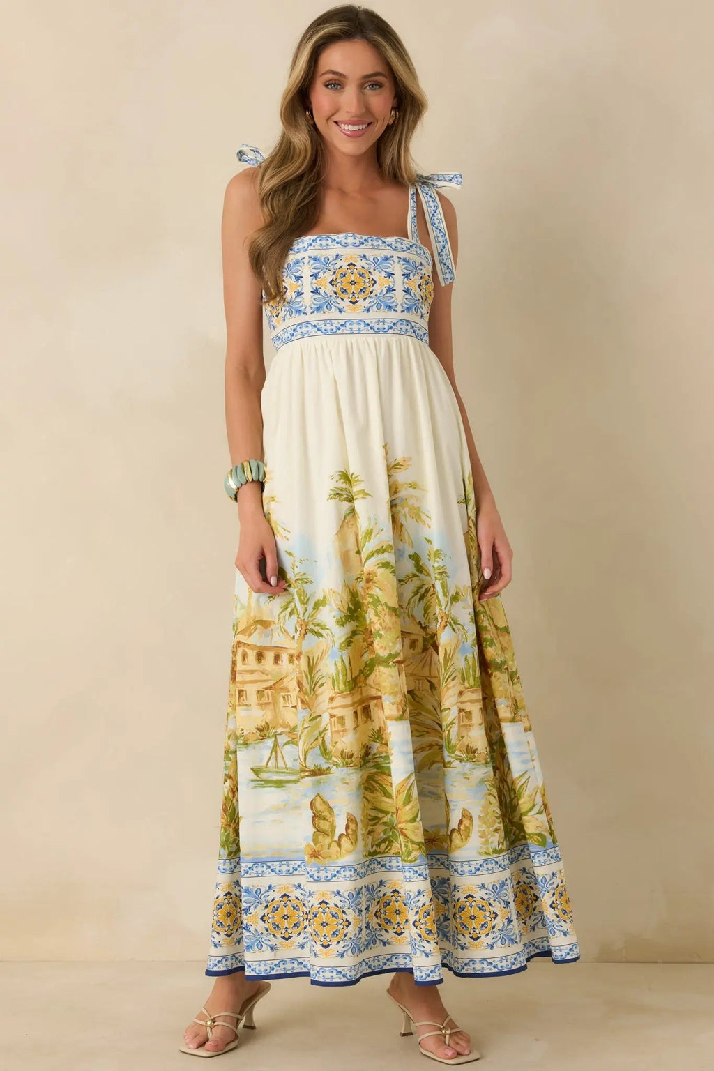 Women's Paradise in Sunlight Ivory Multi Tie-Strap Cotton Maxi Dress | 100% Cotton 4