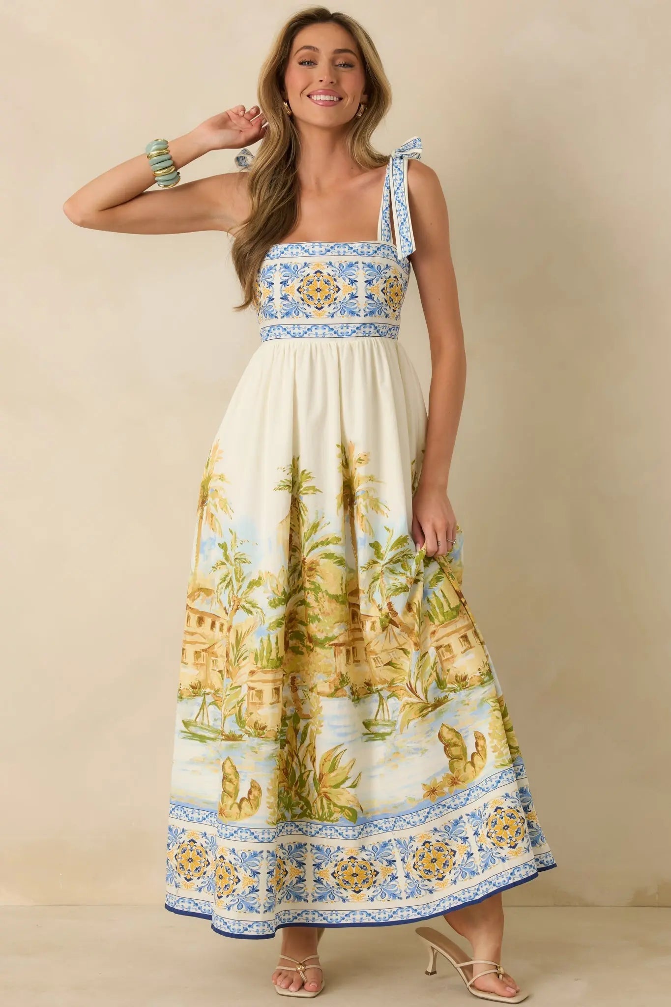 Women's Paradise in Sunlight Ivory Multi Tie-Strap Cotton Maxi Dress | 100% Cotton 5