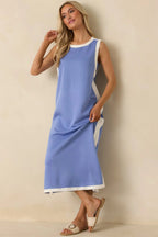 Women's Perfectly Framed Blue Jersey Knit Contrast Trim Sleeveless Maxi Dress | 55% Rayon 0