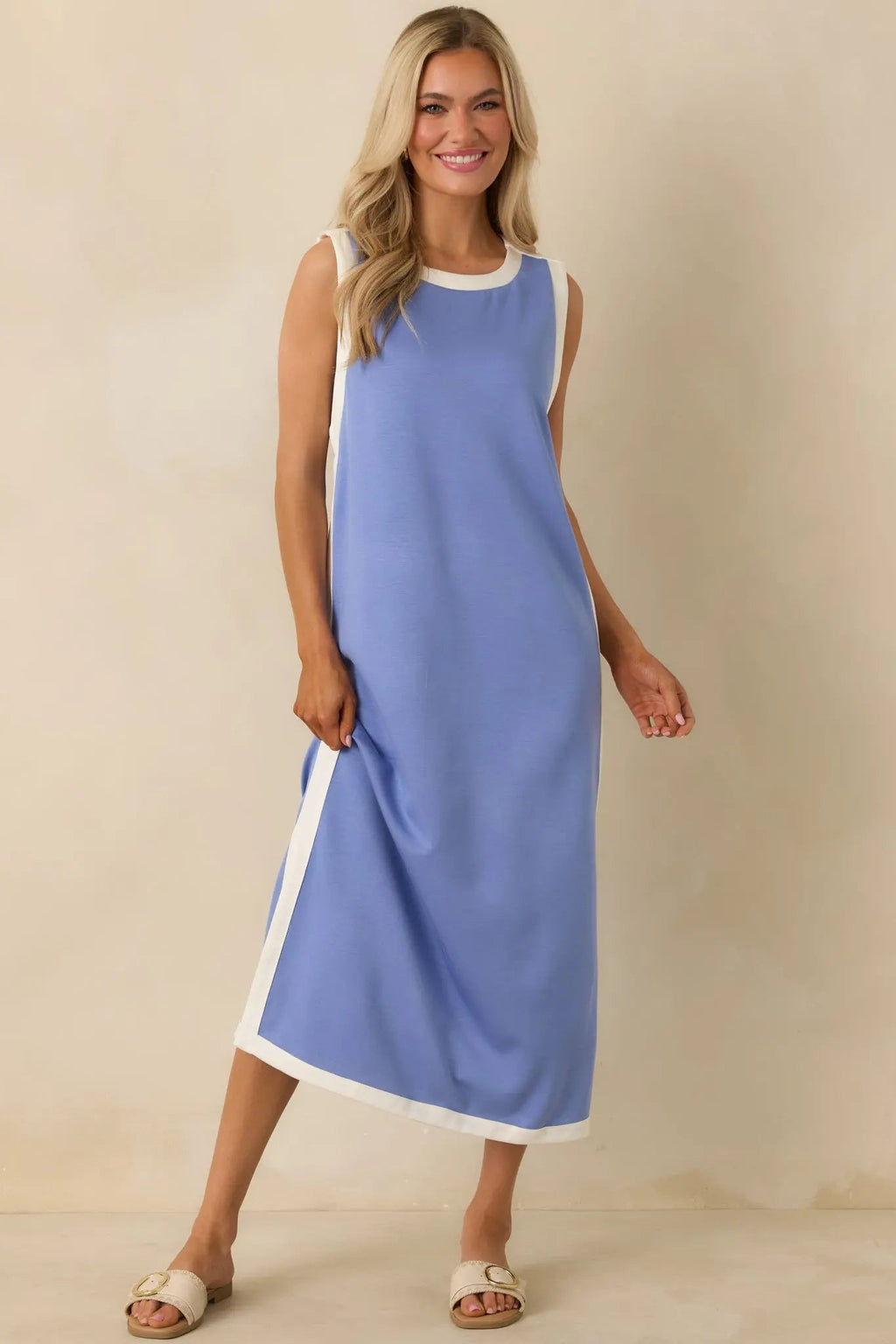 Women's Perfectly Framed Blue Jersey Knit Contrast Trim Sleeveless Maxi Dress | 55% Rayon 3