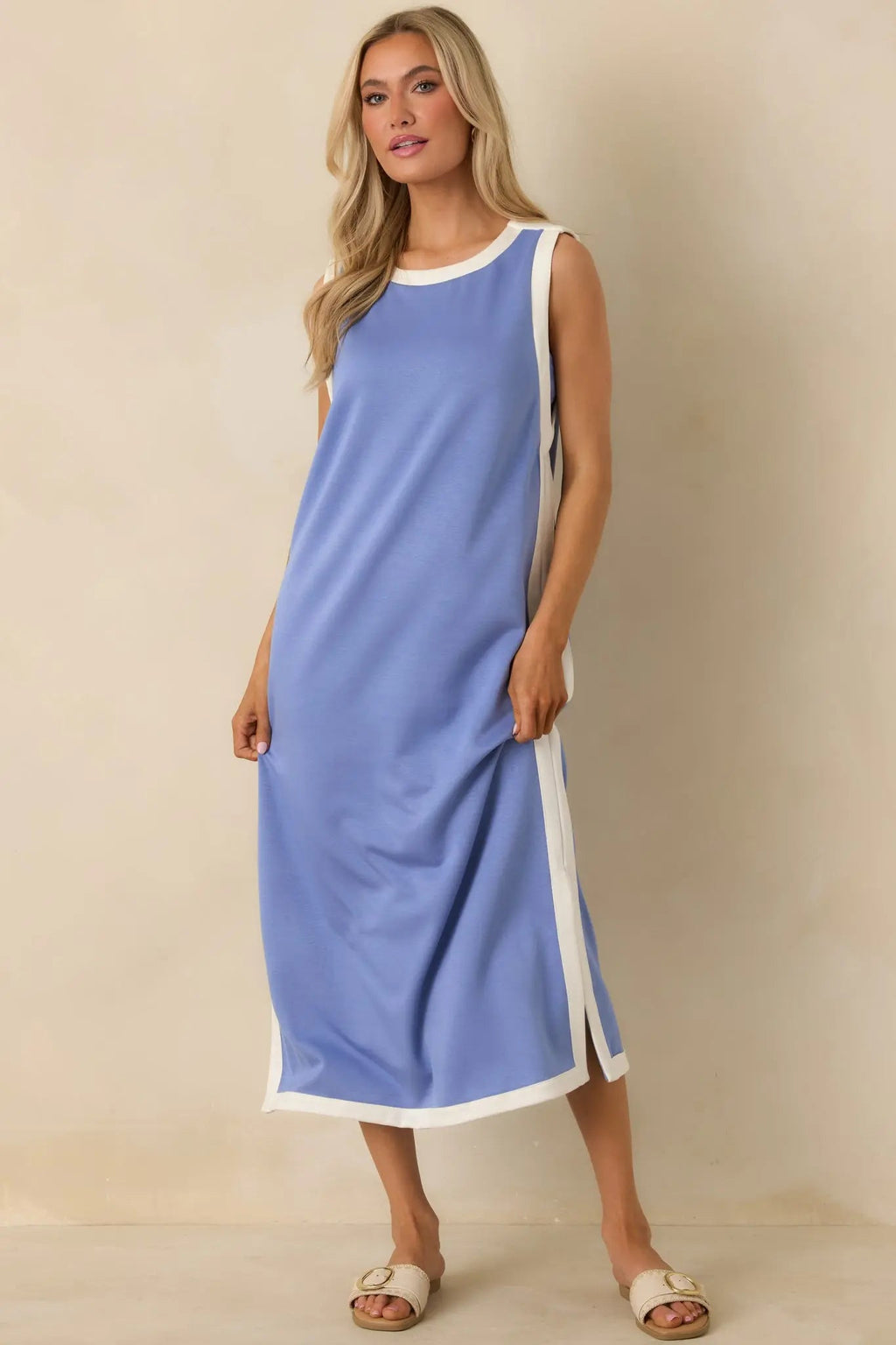 Women's Perfectly Framed Blue Jersey Knit Contrast Trim Sleeveless Maxi Dress | 55% Rayon 4