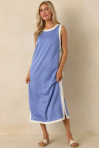 Women's Perfectly Framed Blue Jersey Knit Contrast Trim Sleeveless Maxi Dress | 55% Rayon 4