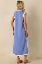 Women's Perfectly Framed Blue Jersey Knit Contrast Trim Sleeveless Maxi Dress | 55% Rayon 6