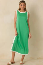 Women's Perfectly Framed Green Jersey Knit Contrast Trim Sleeveless Maxi Dress | 55% Rayon 0