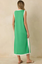 Women's Perfectly Framed Green Jersey Knit Contrast Trim Sleeveless Maxi Dress | 55% Rayon 6