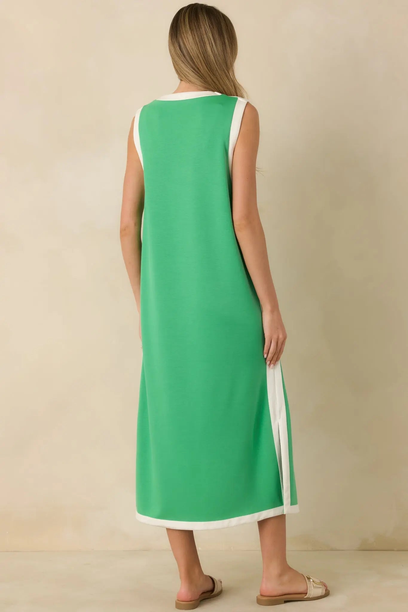 Women's Perfectly Framed Green Jersey Knit Contrast Trim Sleeveless Maxi Dress | 55% Rayon 6