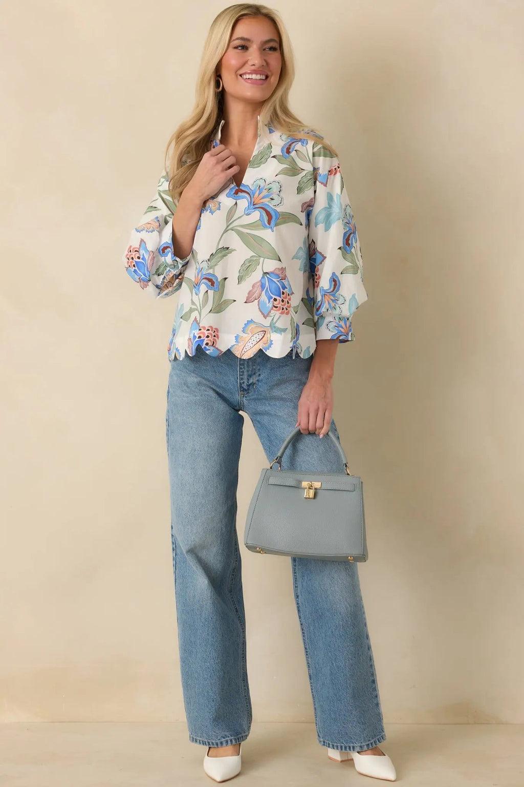 Women's Petals in the Breeze Blue Multi Cotton Floral V-Neck Top | 100% Cotton Contrast: 80% Polyester & 20% Cotton 2
