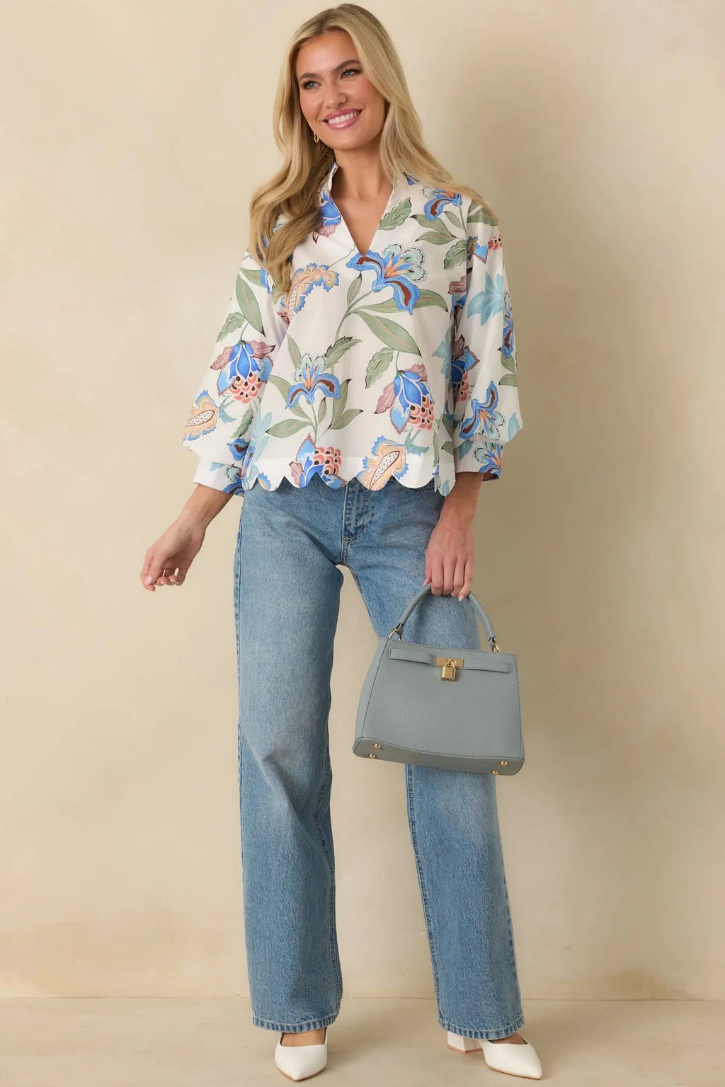 Women's Petals in the Breeze Blue Multi Cotton Floral V-Neck Top | 100% Cotton Contrast: 80% Polyester & 20% Cotton 3