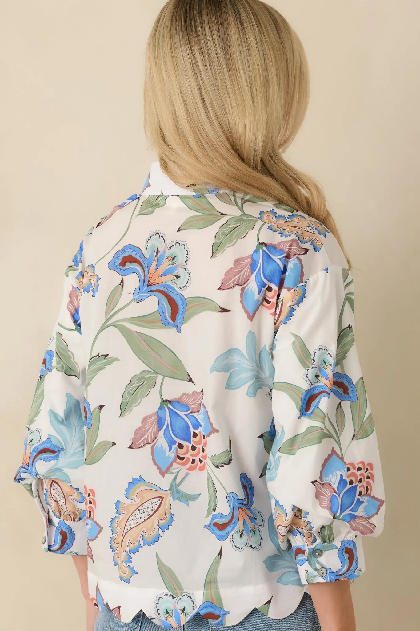 Women's Petals in the Breeze Blue Multi Cotton Floral V-Neck Top | 100% Cotton Contrast: 80% Polyester & 20% Cotton 7