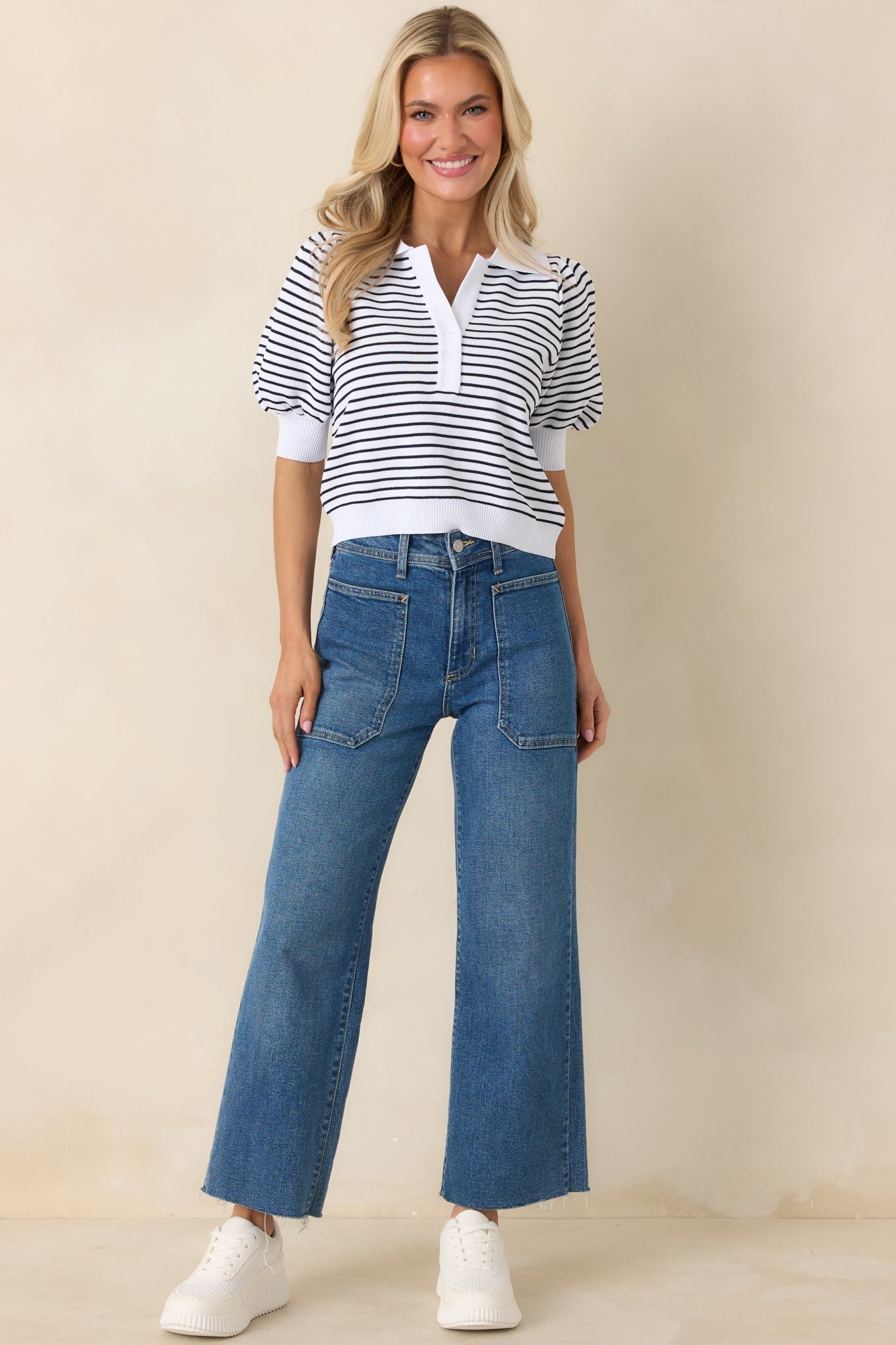 Women's Plans After Work Ivory & Black Stripe Knit Polo Top | 63% Viscose & 37% Nylon 0