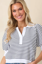 Women's Plans After Work Ivory & Black Stripe Knit Polo Top | 63% Viscose & 37% Nylon 1
