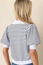 Women's Plans After Work Ivory & Black Stripe Knit Polo Top | 63% Viscose & 37% Nylon 6