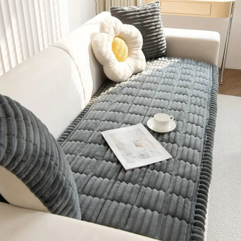 Plush pleated-edge sofa cover in Charcoal Calm