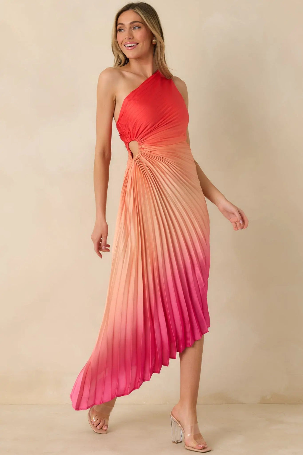 Women's Poetic Charm Coral Pink Ombre Asymmetric One Shoulder Maxi Dress | 100% Polyester 0