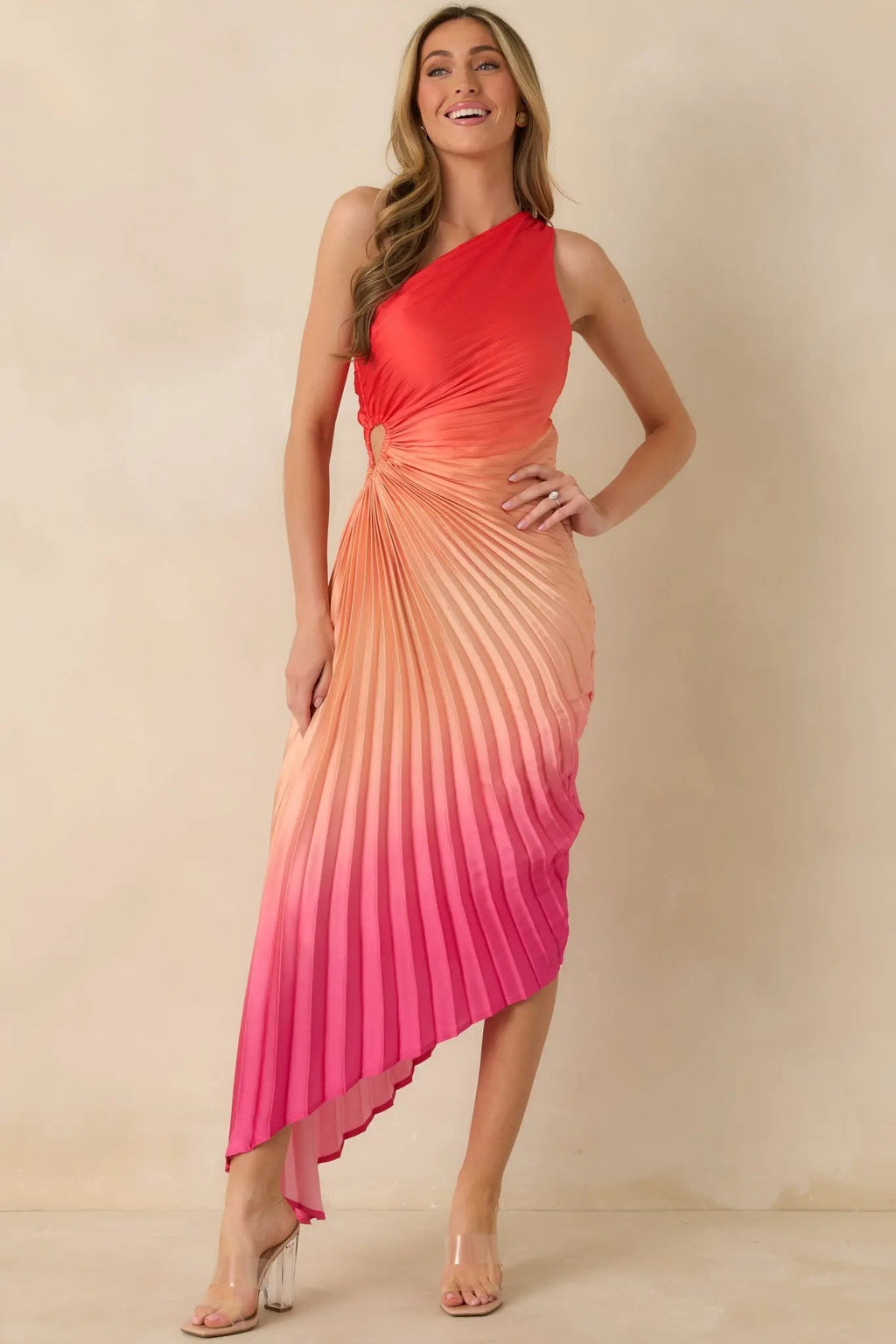 Women's Poetic Charm Coral Pink Ombre Asymmetric One Shoulder Maxi Dress | 100% Polyester 3