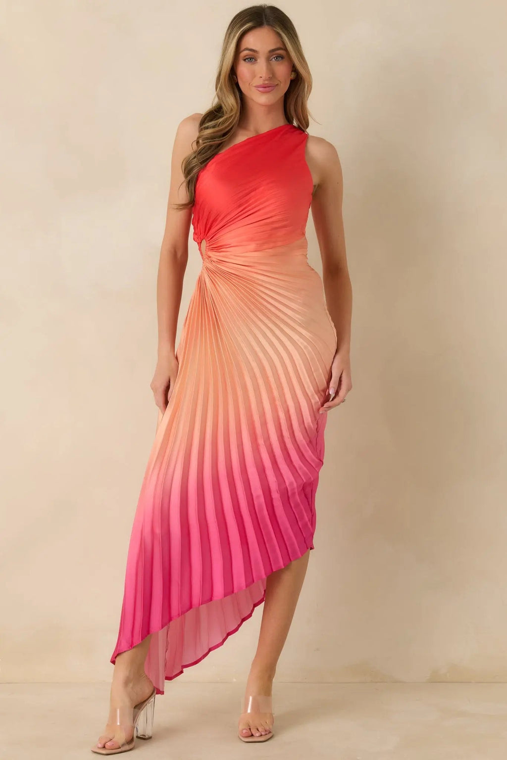 Women's Poetic Charm Coral Pink Ombre Asymmetric One Shoulder Maxi Dress | 100% Polyester 5