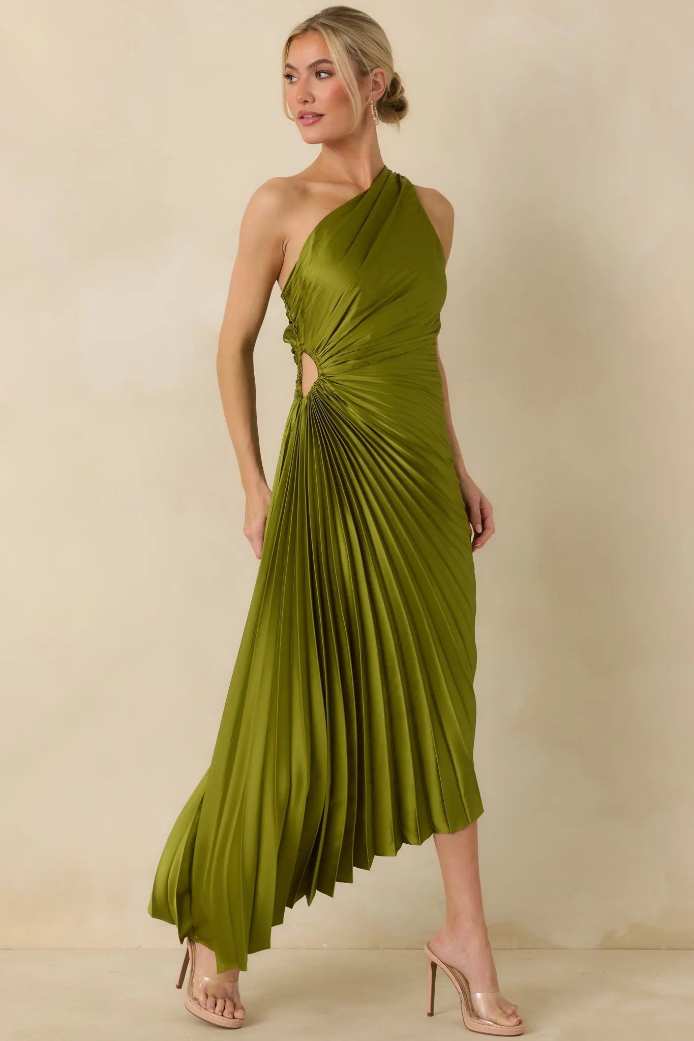 Women's Poetic Charm Olive Green Asymmetric One Shoulder Maxi Dress | 100% Polyester 0