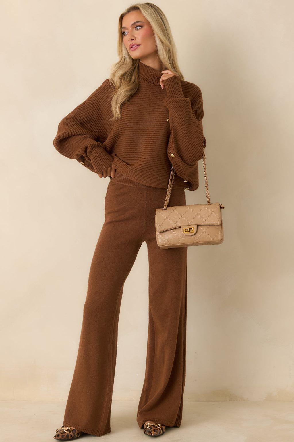 Women's Polished Path Brown Knit Wide Leg Pants | 50% Viscose 2