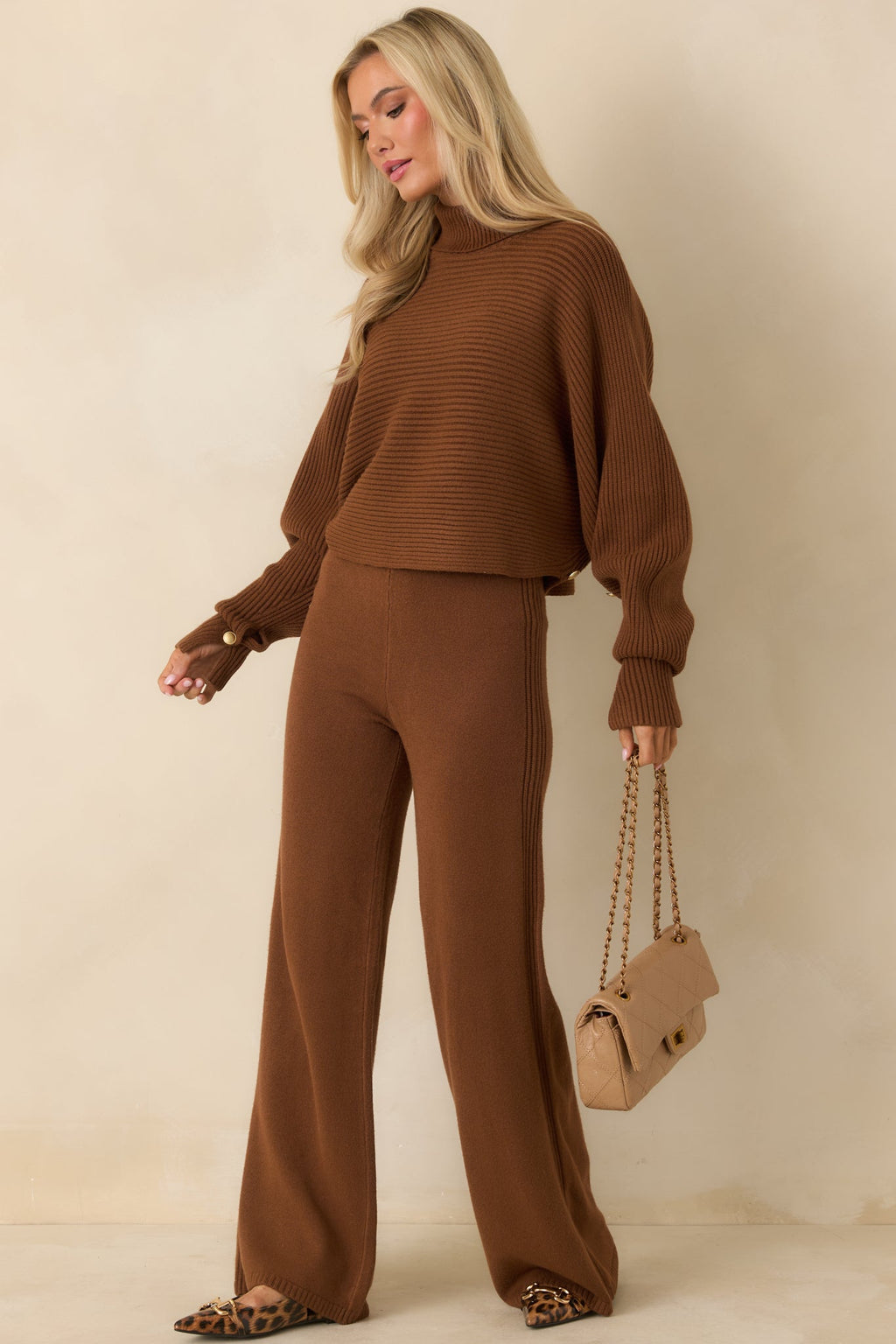 Women's Polished Path Brown Knit Wide Leg Pants | 50% Viscose 3