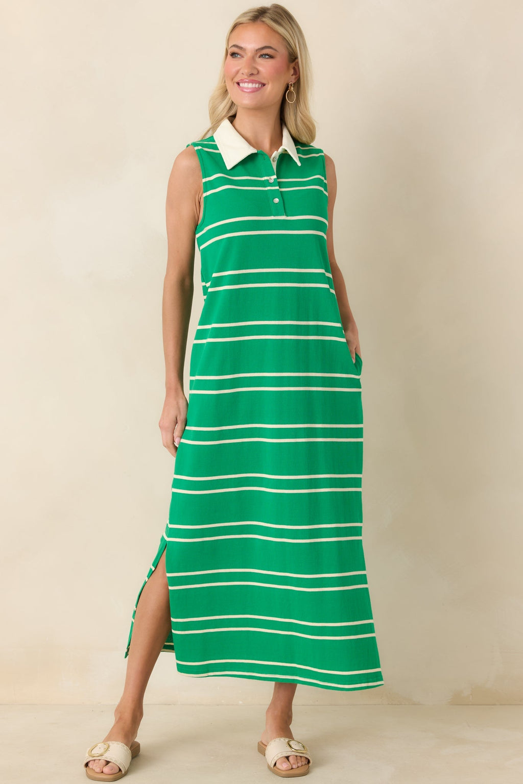 Women's Polished Play Green Stripe Cotton Sleeveless Maxi Dress | 100% Cotton Contrast: 85% Cotton & 15% Polyester 2
