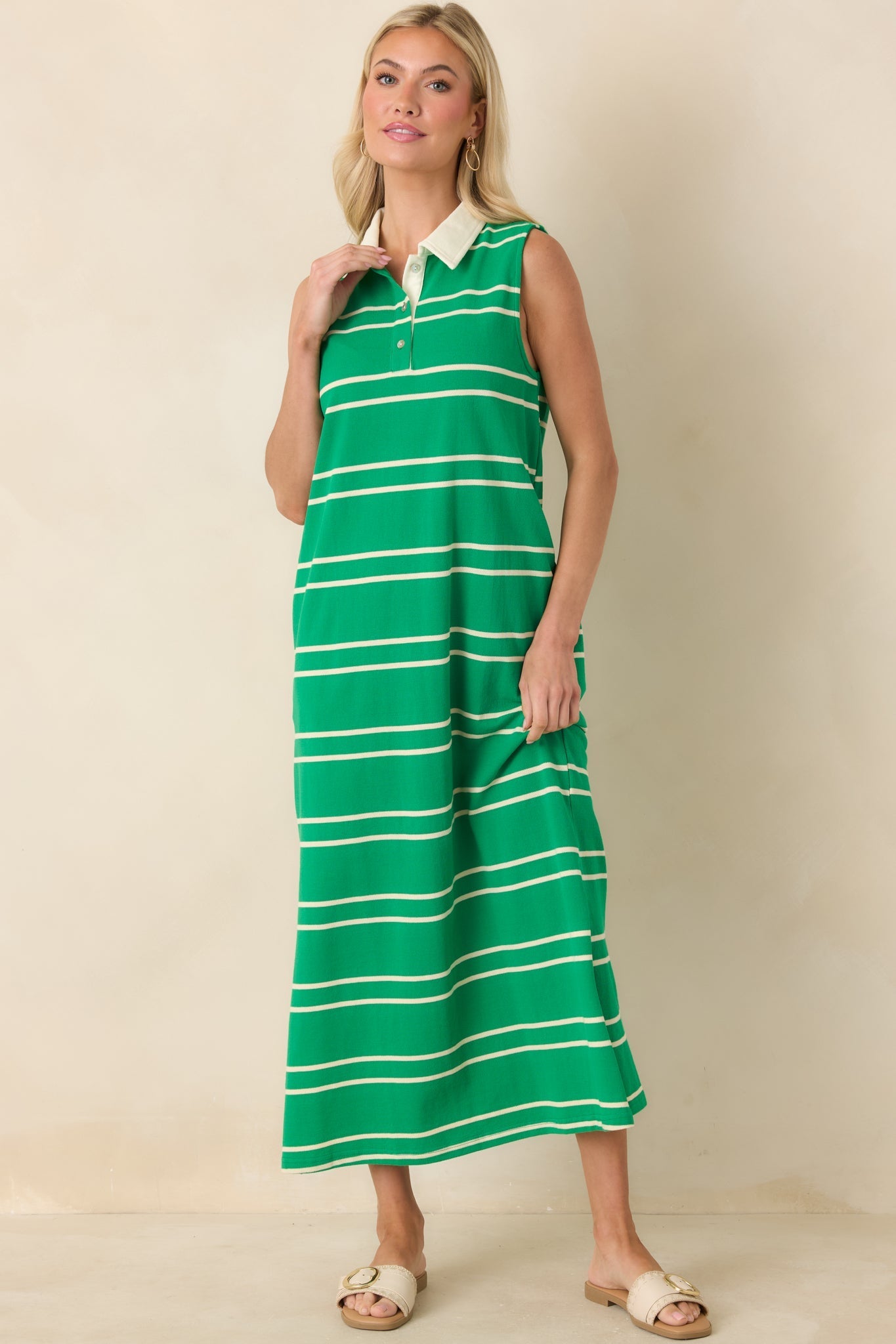 Women's Polished Play Green Stripe Cotton Sleeveless Maxi Dress | 100% Cotton Contrast: 85% Cotton & 15% Polyester 3