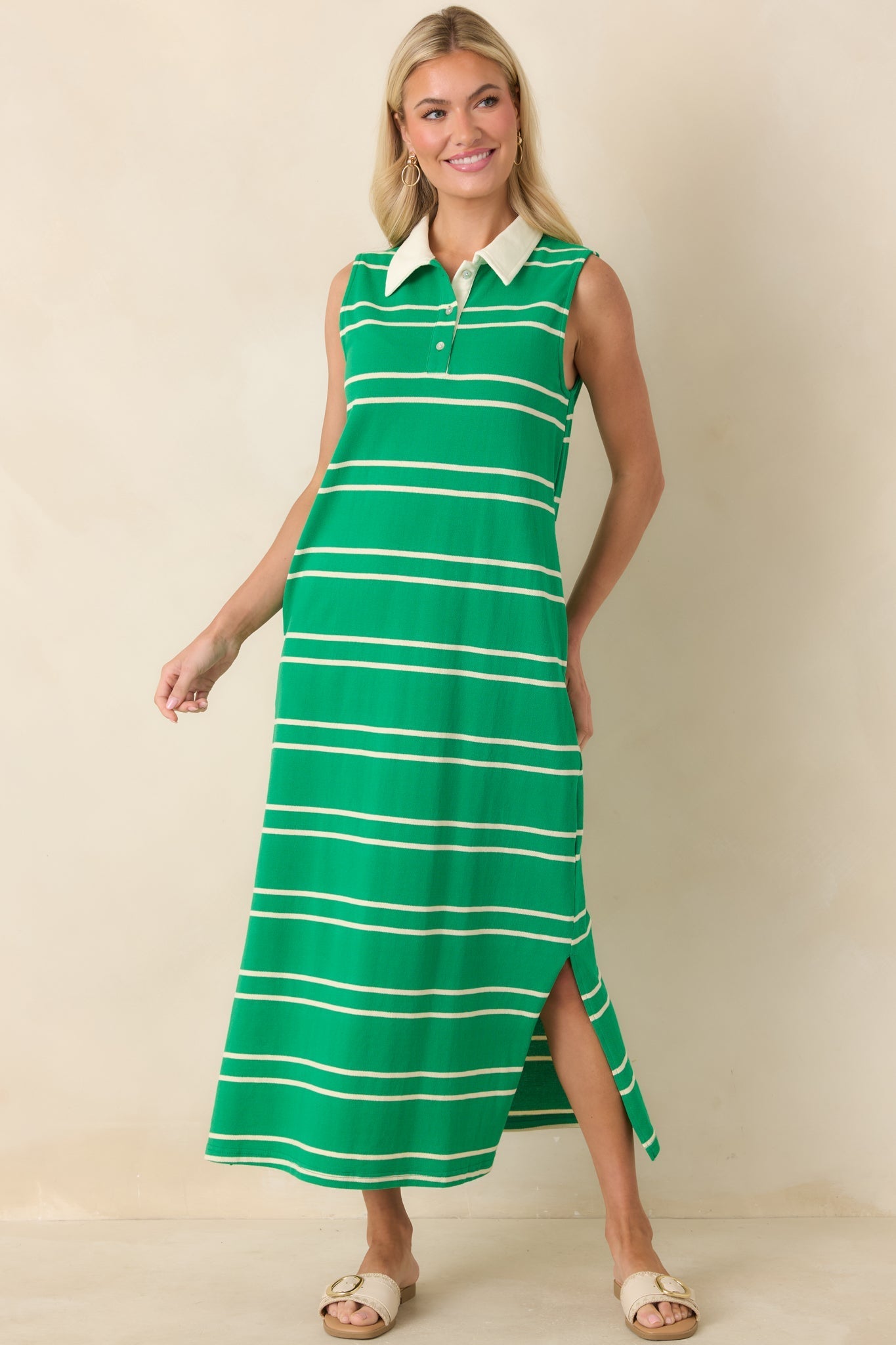 Women's Polished Play Green Stripe Cotton Sleeveless Maxi Dress | 100% Cotton Contrast: 85% Cotton & 15% Polyester 5