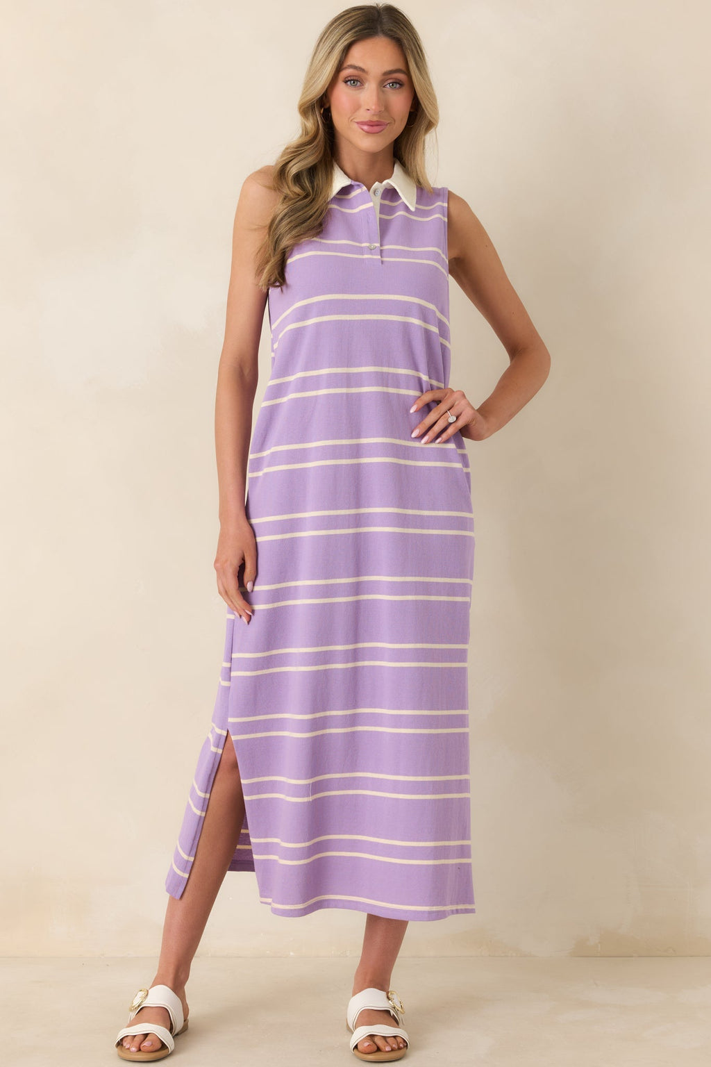 Women's Polished Play Lavender Stripe Cotton Sleeveless Maxi Dress | 100% Cotton Contrast: 85% Cotton & 15% Polyester 0