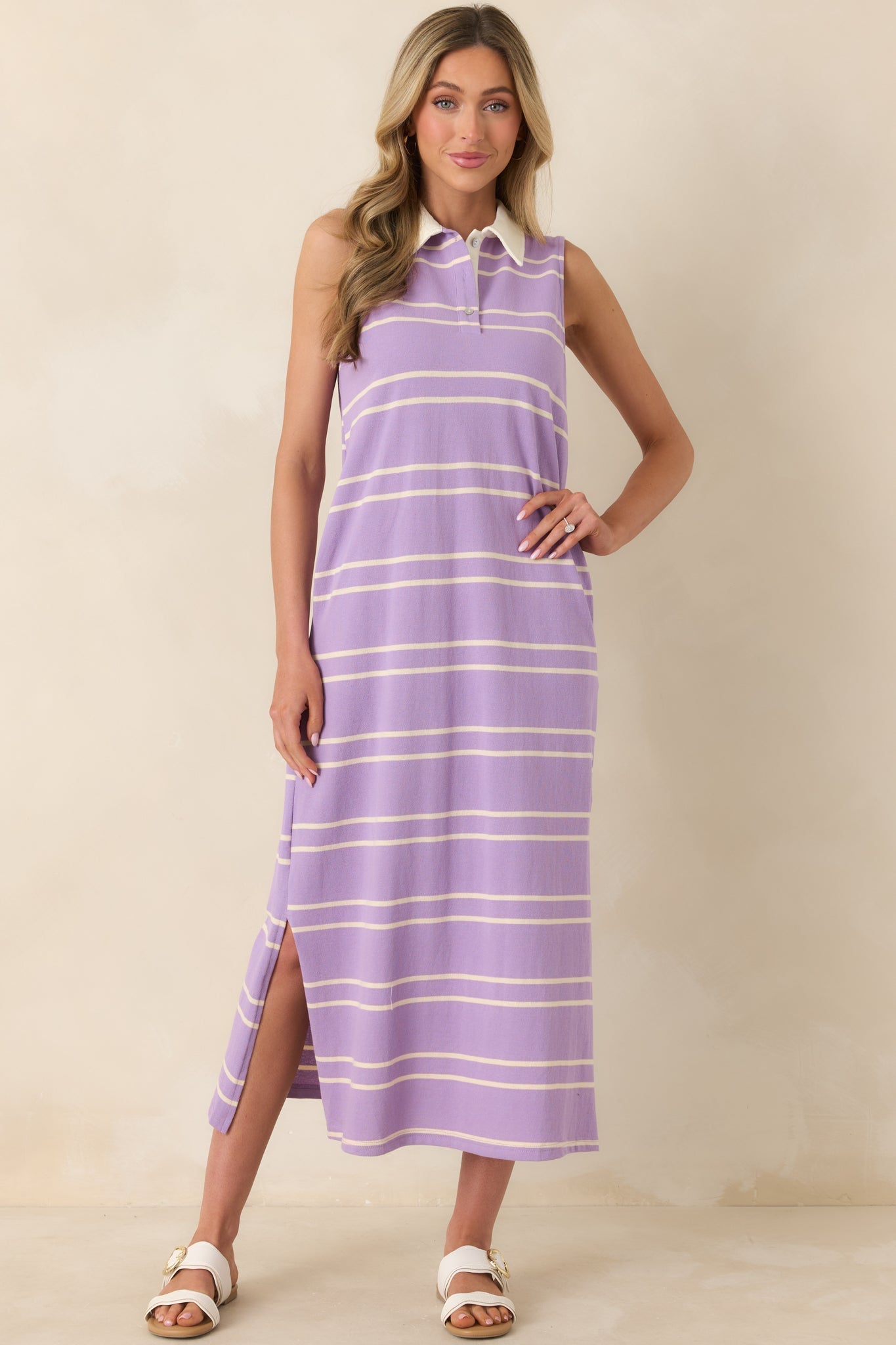 Women's Polished Play Lavender Stripe Cotton Sleeveless Maxi Dress | 100% Cotton Contrast: 85% Cotton & 15% Polyester 0