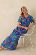 Women's Postcards From Paradise Blue Multi Cotton Tropical Mosaic Print Tiered Maxi Dress | 100% Cotton Contrast: 100% C 0
