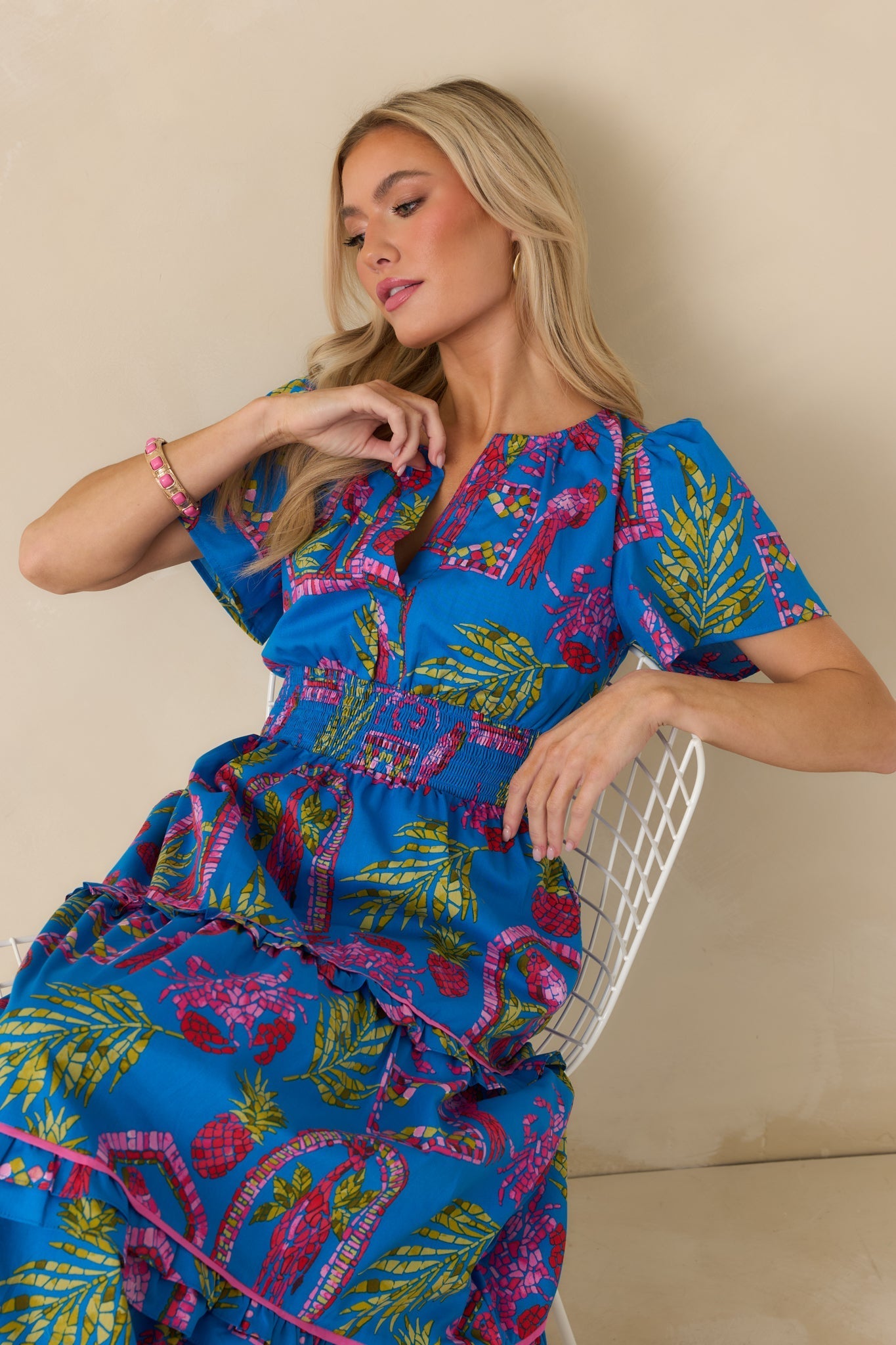 Women's Postcards From Paradise Blue Multi Cotton Tropical Mosaic Print Tiered Maxi Dress | 100% Cotton Contrast: 100% C 1