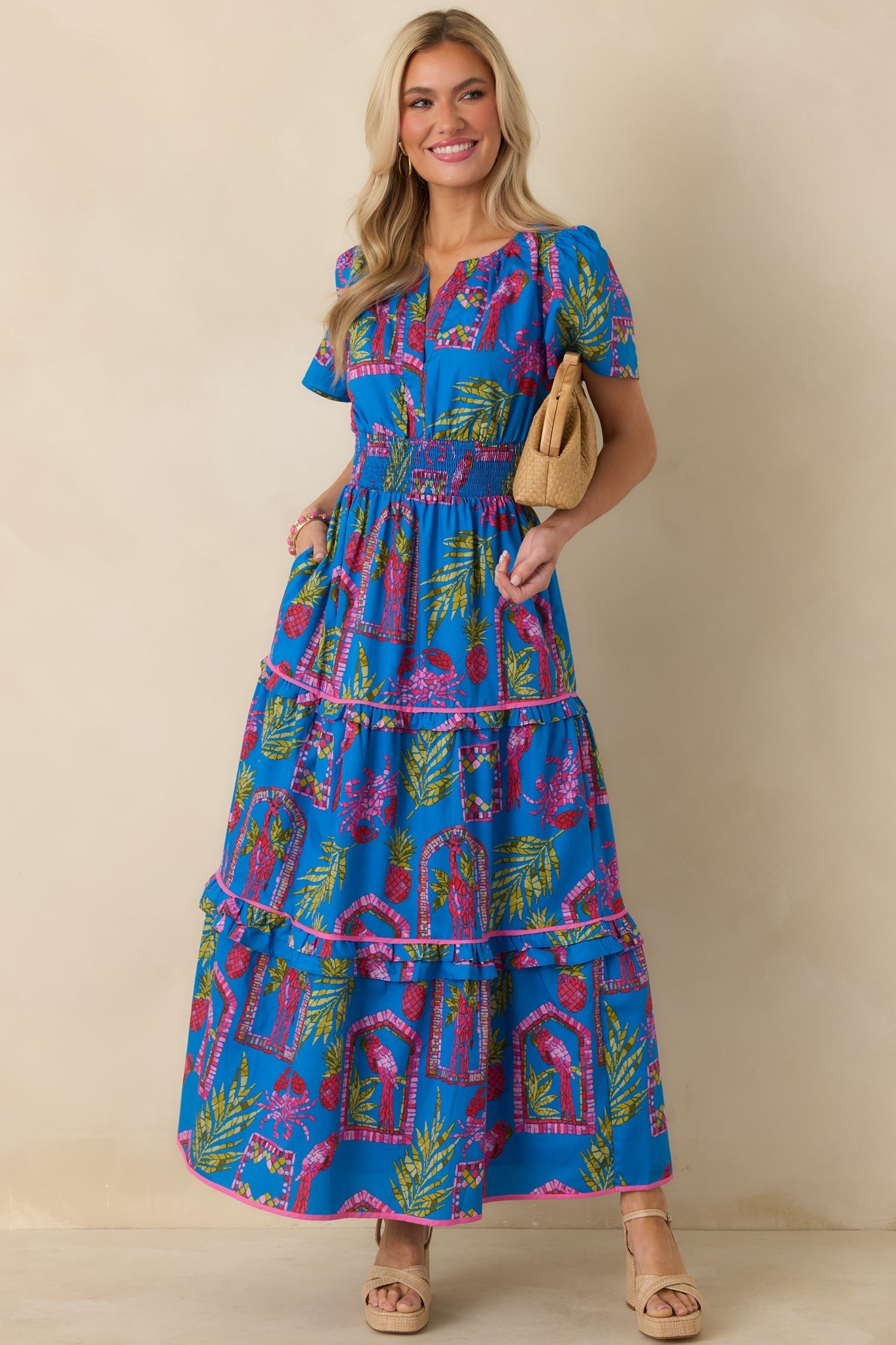 Women's Postcards From Paradise Blue Multi Cotton Tropical Mosaic Print Tiered Maxi Dress | 100% Cotton Contrast: 100% C 4