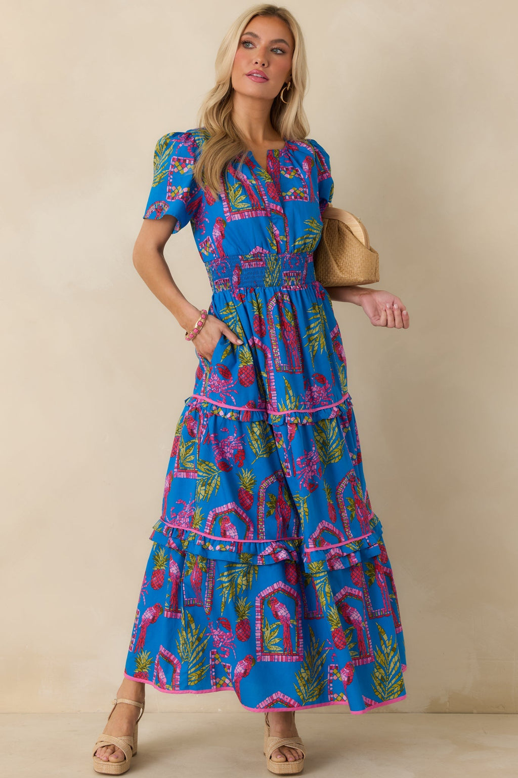 Women's Postcards From Paradise Blue Multi Cotton Tropical Mosaic Print Tiered Maxi Dress | 100% Cotton Contrast: 100% C 5