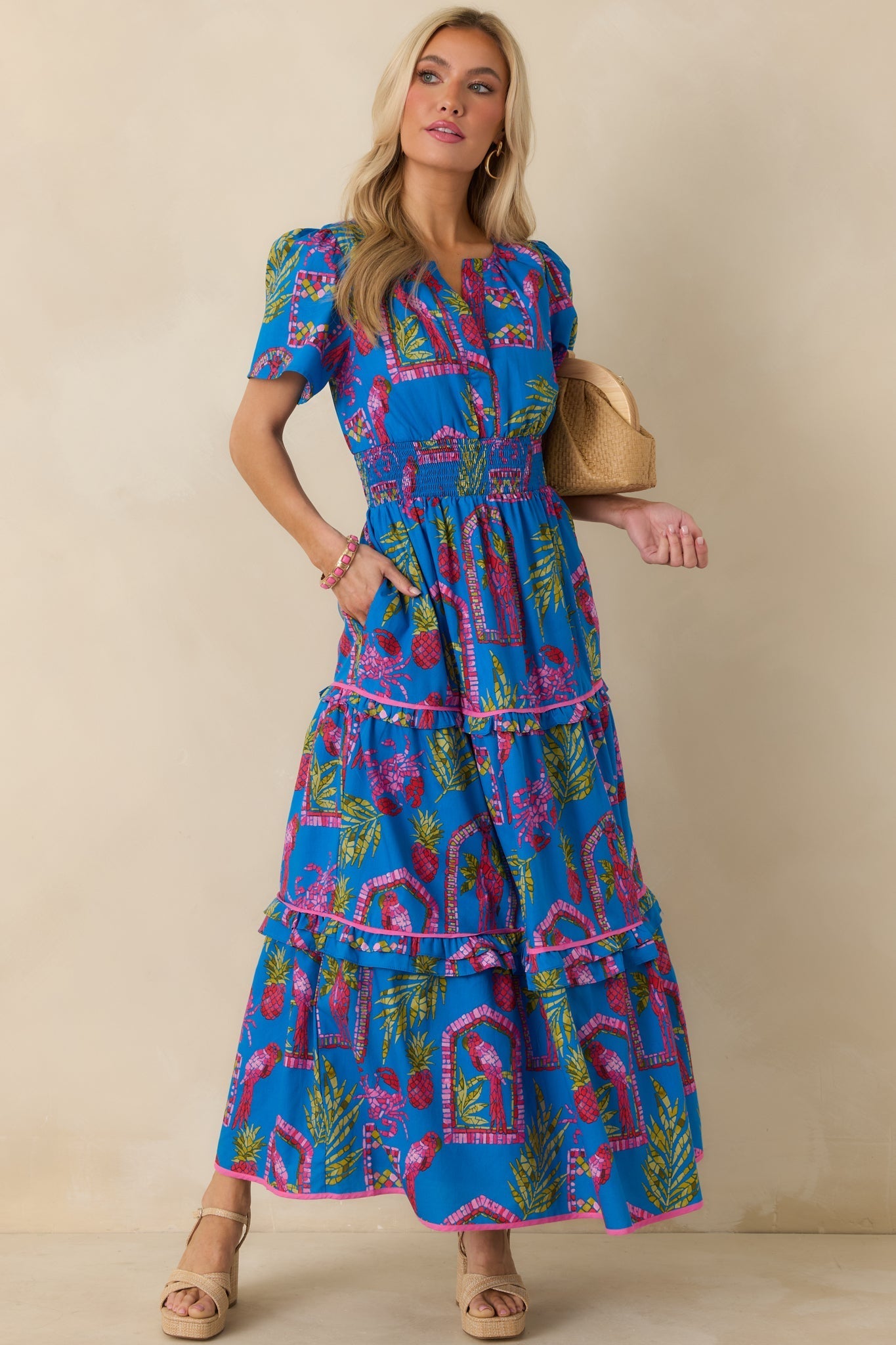 Women's Postcards From Paradise Blue Multi Cotton Tropical Mosaic Print Tiered Maxi Dress | 100% Cotton Contrast: 100% C 5