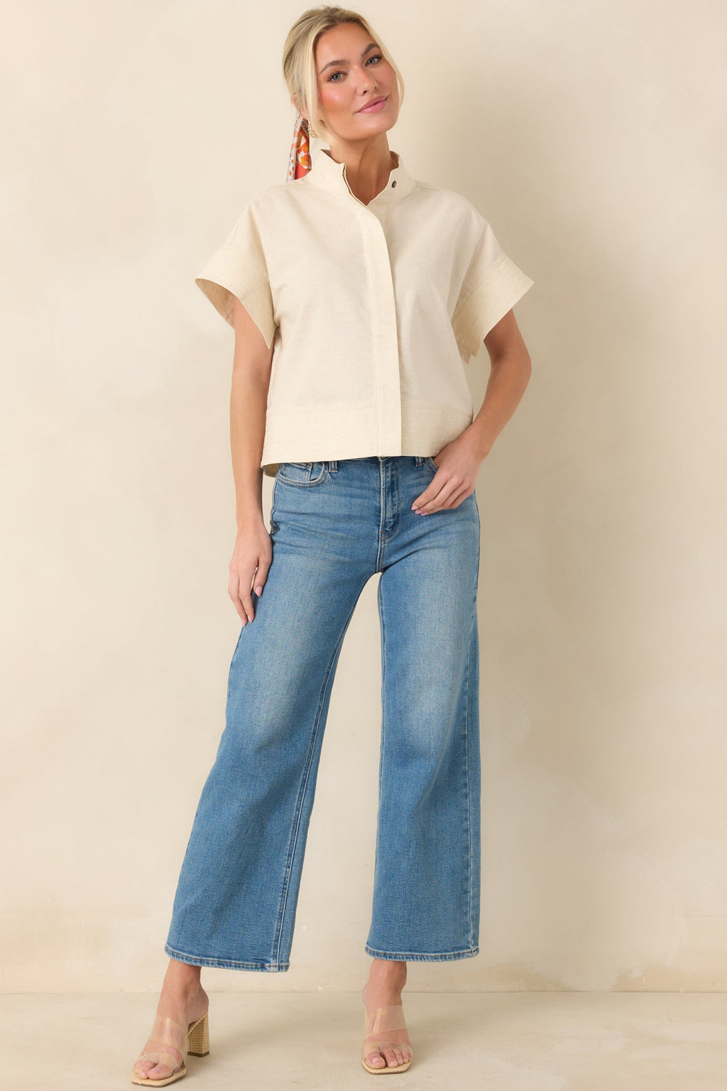 Women's Pretty In Power Natural Cotton Linen Button-Front Mock Neck Top | 80% Cotton & 20% Linen 0