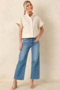 Women's Pretty In Power Natural Cotton Linen Button-Front Mock Neck Top | 80% Cotton & 20% Linen 0